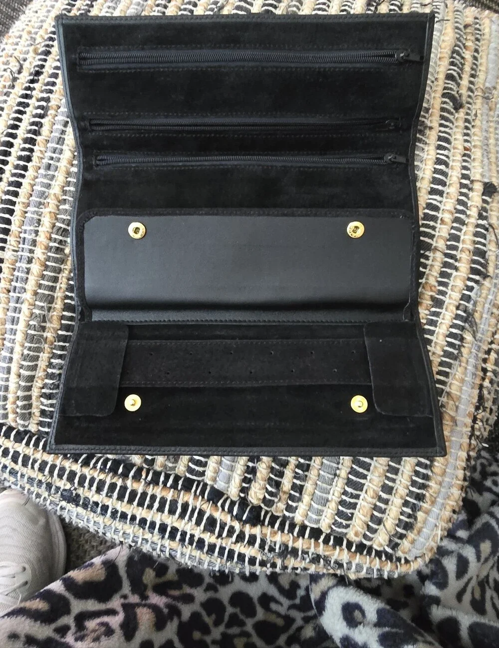 Black Leather Jewerlry Roll with Gold Buckle Fort Worth Inscripted